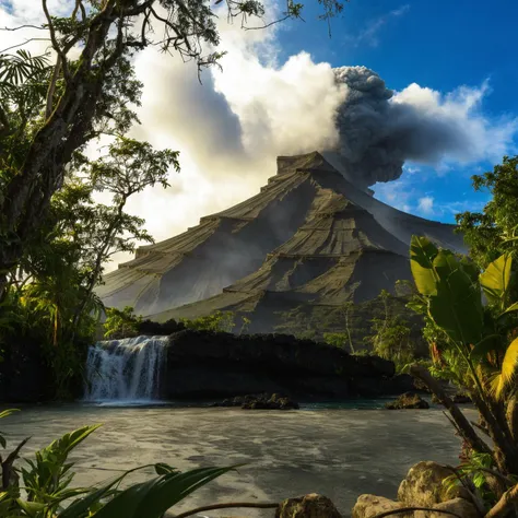 a view of a volcano with a waterfall in the foreground