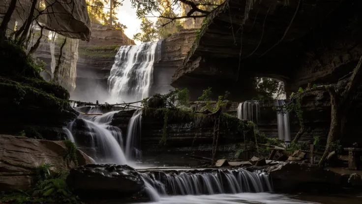 there is a waterfall that is flowing down a rocky hill