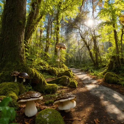 a close up of a dirt road with mushrooms on the side