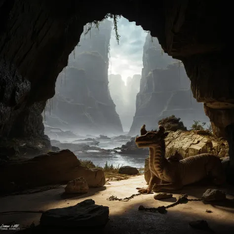 a man standing in a cave with a dog looking out