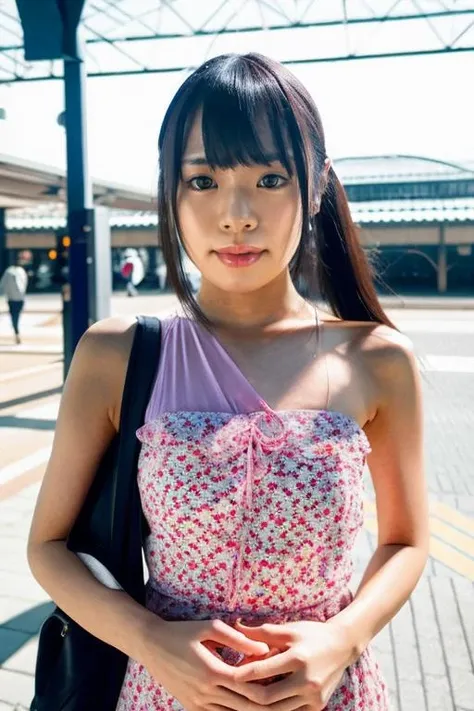 a close up of a woman in a dress standing on a train platform