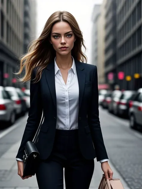 a woman in a suit and white shirt walking down a street