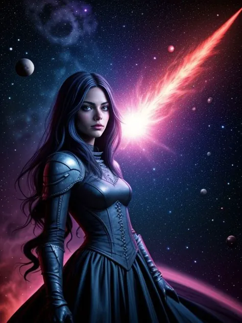 a woman in a black dress standing in front of a space background