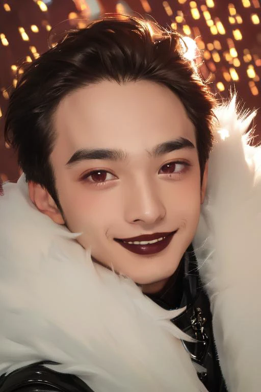 <lyco:lyco_humans_v10>, full lips with dark maroon lipstick, full lips with prominent cupids bow, full of life, funky, fur coat, futuristic, face of a boy with a smile