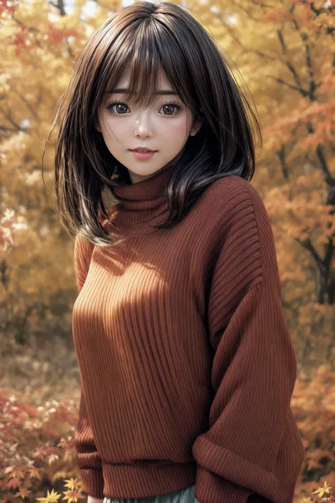 rare angle, [:(detailed face:1.2):0.2], extra resolution, portrait of (AIDA_PiperAkira:1.15) as cute 20yo girl in the (autumn:1.5) park, reddish brown eyes, big eyes with elegant eyelashes, black hair, (wearing warm red sweater:1.3), (sweater:1.3), smiling...