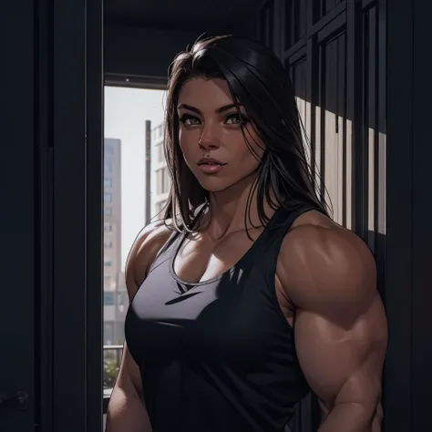 a woman with a big muscular body standing in a doorway