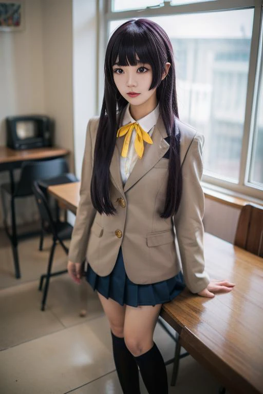 ultra-detailed,highly detailed,best quality,masterpiece,illustration,
gokou ruri, 1girl, solo,  cosplay, school uniform, 
 very long hair, blunt bangs, straight hair,  hime cut, coat, collared shirt,  yellow ribbon, 
socks, pleated skirt, long sleeves,blaz...