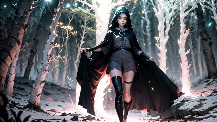 (masterpiece, best quality, high resolution,:1.3),dark dynamic lighting, <lora:Melina:1.0> , (Melina:1.1) walking, detailed cloak, hooded cloak, boots,hood up, dark forest,bioluminescence, detailed face, solo, from below, chin up, centered