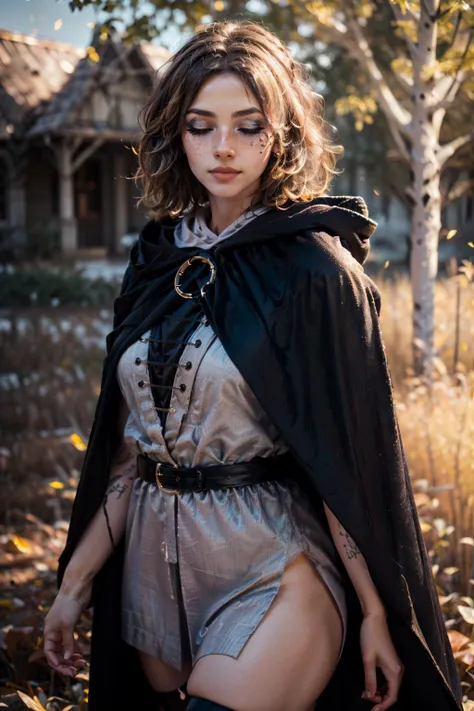 a woman in a black cape and silver dress posing for a picture