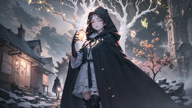 (extremely well made, best quality, high resolution,:1.3),dark dynamic lighting, <lora:Melina:1.0> , (Melina:1.1) walking, detailed cloak, hooded cloak, boots,hood up, dark forest, bioluminescence, detailed face, solo, from below, chin up, centered