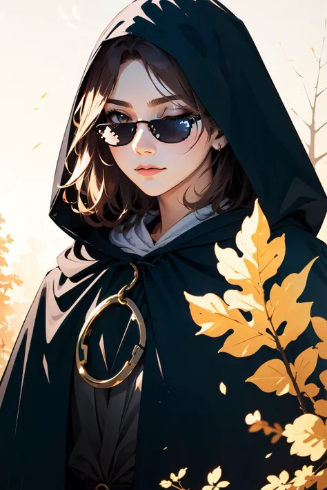 a woman in a black cloak and sunglasses standing in a field