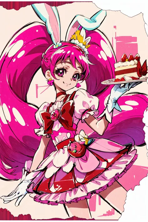 masterpiece,best quality,1girl,cure whip,twintails,pink dress,hair ornament,white gloves,(pom pom earrings),pink choker,red boots,smile,(sweets,cake),upper body,<lora:locon_cure_whip_1_1:0.9>,<lora:KamikitaV2:0.8>,