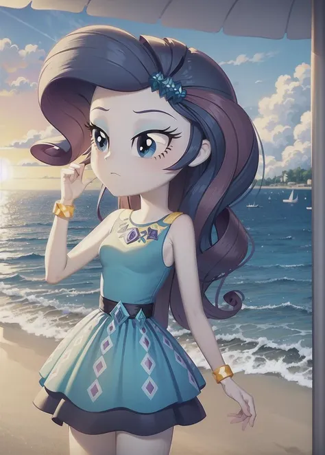 a close up of a cartoon girl on a beach near the ocean