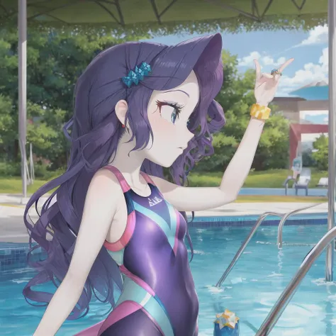 mlprarity, colored skin, hair ornament, dress, jewelry, bracelet, masterpiece,best quality,1girl,mlprarity,colored skin,hair ornament,purple hair,blue eyes,jewelry,bracelet,expressionless,competition swimsuit,poolside,standing,arm up,from side,<lora:mlp_ra...