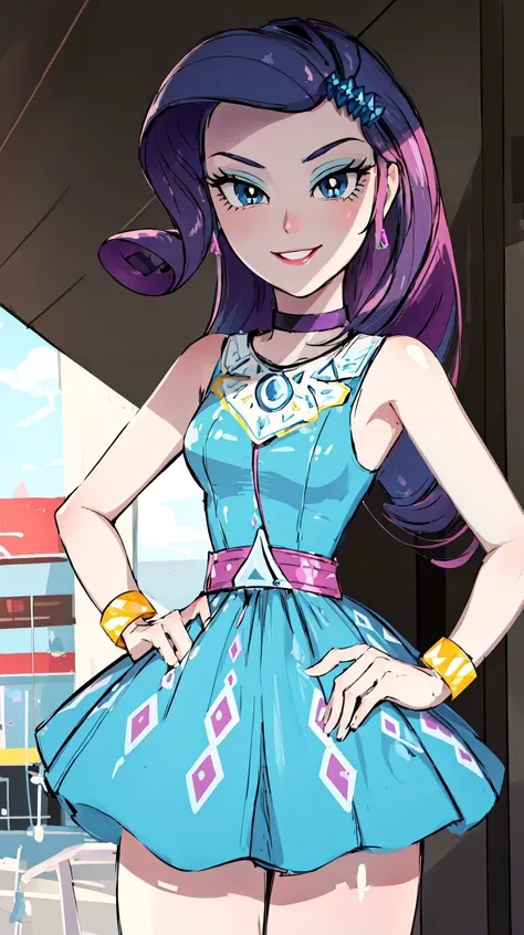 UNICODE(masterpiece, best quality:1.2),<�lora:mlp_rarity-10:1>,cowboy shot,female,solo,1girl,mlprarity,smile,looking at viewer,hands on hips,hair ornament,dress,jewelry,bracelet,highres,masterpiece,perfect ligthing,bloom,cinematic lighting,adult,perf...