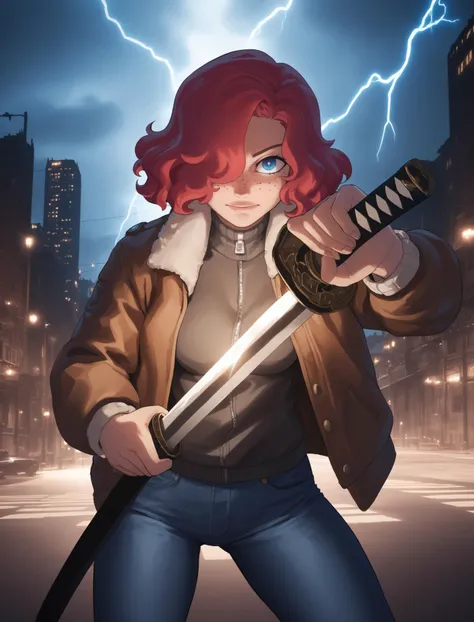 a woman with red hair holding a sword in a city