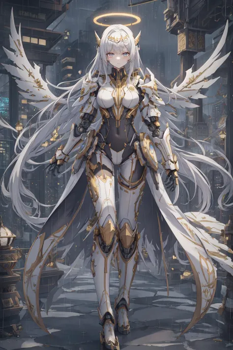 a woman with white hair and wings walking in the rain