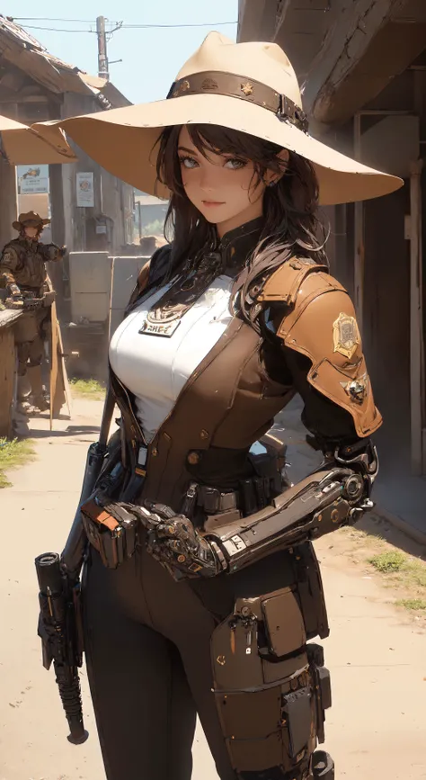 (1girl:1.3), l, (Sheriffs Attire:1.2), Brown bodysuit, peel armor, batch, hat, hand gun, (best quality:1.4), (masterpiece:1.21), (realistic:1.21), (corpse of a scoundrel:1.2), (detailed:1.10), (photorealistic:1), <lora:Robotaction:.5>, masterpiece, best qu...