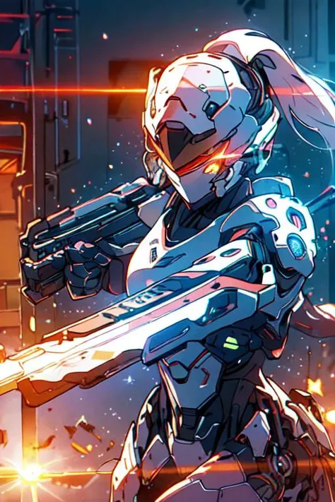 a woman in a futuristic suit holding a gun and a gun