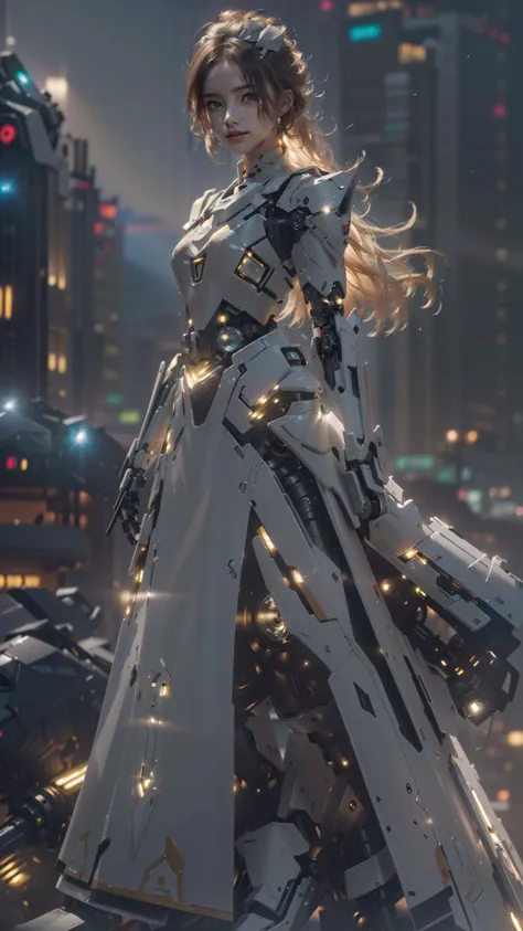 a woman in a futuristic outfit standing on a city rooftop