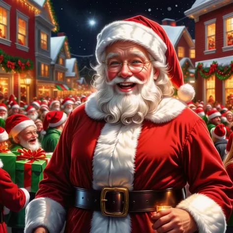 hyper detailed masterpiece, dynamic realistic digital art, awesome quality,  santa claus illustrations, yuletide, bows,cider, radiant and glowing,warm and inviting, solar lights, participating in a holiday parade