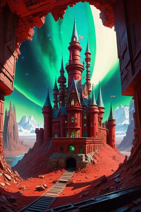 hyper detailed masterpiece, dynamic realistic digital art, awesome quality,far-out red queens castle
,flaked paint celestial wormhole
,precision blast furnace square
 glare effects,aurora australis, baleful,robotic,decaying,cultural preservation,homesteads...