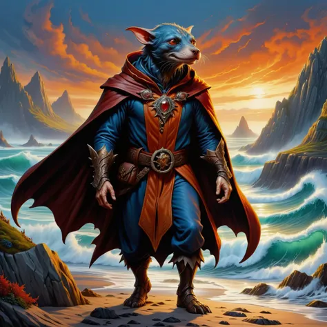 hyper detailed masterpiece, dynamic, awesome quality, hobgoblin, mythical enchanting mystical creature, human on land attractive, wearing a seal skin cloak, connection to the sea, transformation, love, tragedy