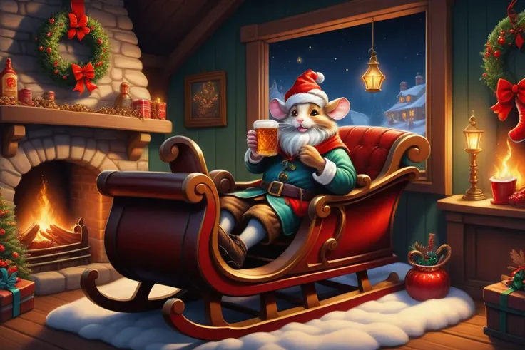 hyper detailed masterpiece, dynamic realistic digital art, awesome quality, sleigh ride illustrations, mouse king, cider, generous and giving,warm and inviting, retro lighting, hanging stockings by the chimney with care