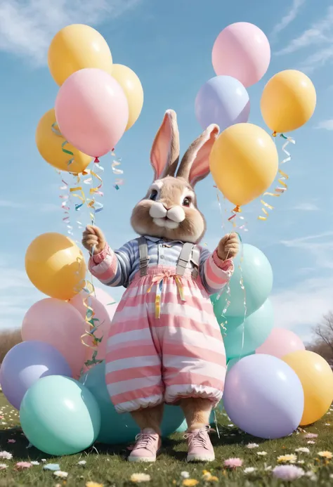 , biblical scene, peaceful, pastel clothing (spring colors), pastel balloons and streamers, rabbit, symbol of fertility and new life, Stripes (masking tape) 0.3&&sunrise locations, soft, warm lighting