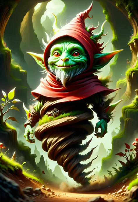 hyper detailed masterpiece, dynamic, awesome quality,supe cute goblin, small humanoid creature, stocky and stout appearance, long white beard, pointed hat, red or earth toned, rounded belly, rosy cheeks, practical earthy clothing, connection to earth and n...