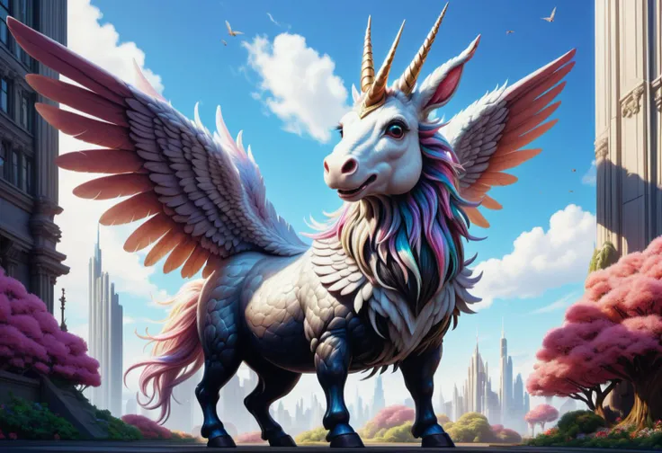 hyper detailed masterpiece, dynamic, awesome quality,unicorn, mythical mammalian creature, hybrid creature, wings, antlers, fangs, feathers, rabbit ears, small furry body,  humorous, imaginative, curiosity, whimsical, fictional, flashing,flourishing,modern...