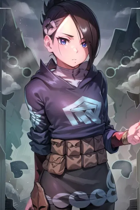 pokemonmai, <lyco:pokemonmai-lyco-nochekaiser:1>,
pokemonmai, black hair, blue eyes, mole, mole under mouth, short hair, eyelashes,
BREAK black footwear, black skirt, boots, brown bag, character print, diamond clan outfit, hood, hood down, jacket, pantyhos...