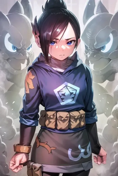 pokemonmai, <lyco:pokemonmai-lyco-nochekaiser:1>,
pokemonmai, black hair, blue eyes, mole, mole under mouth, short hair, eyelashes,
BREAK black footwear, black skirt, boots, brown bag, character print, diamond clan outfit, hood, hood down, jacket, pantyhos...