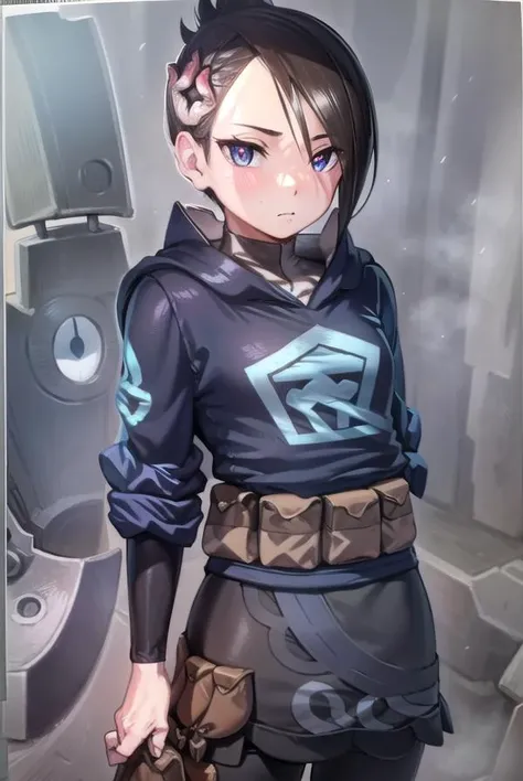 pokemonmai, <lyco:pokemonmai-lyco-nochekaiser:1>,
pokemonmai, black hair, blue eyes, mole, mole under mouth, short hair, eyelashes,
BREAK black footwear, black skirt, boots, brown bag, character print, diamond clan outfit, hood, hood down, jacket, pantyhos...