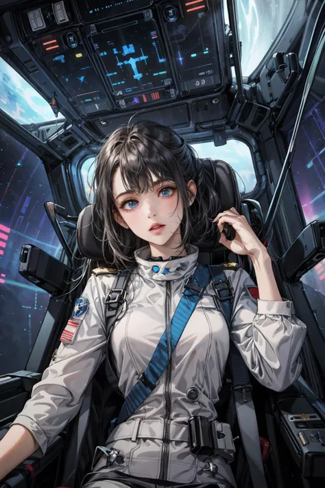 a woman in a space suit sitting in a spaceship cockpit