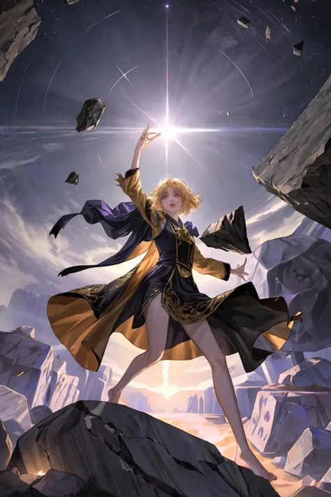 female barefoot summoner levitating with blonde hair robes and cape arms lifted up over a broken earth bright lava light from below asteroid field (jagged rocks boulders and debris shooting into the air:1.3) (windy dust debris storm:1.1) volumetric fog mis...