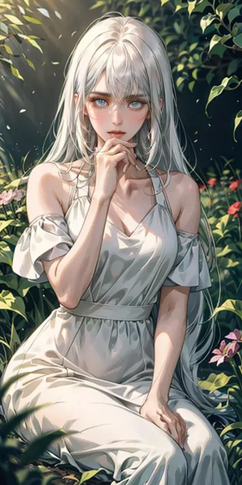 (masterpiece, best quality),1girl with long white hair sitting in a field of green plants and flowers, her hand under her chin, warm lighting, white dress, blurry foreground