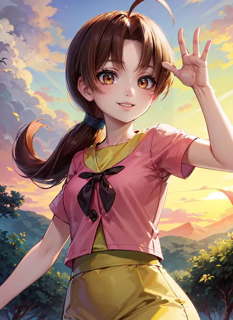 ((best quality)), ((highly detailed)), detailed face, beautiful face, , (1girl), (solo), from beside, dynamic pose, upper body, <lora:hairdetailer:.9>, <lora:PKMN_Delia-DEF:.75>, delia (pokemon), brown hair, ponytail, ahoge, brown eyes, smiling, pink shirt...