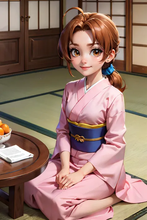 delia, brown eyes, brown hair, ponytail, ahoge, pink kimono, sash, long sleeves, long skirt,looking at viewer, serious, smiling, sitting, wariza, inside japanese living room, table, high quality, masterpiece, <lora:PKMN_Delia-DEF:.7>