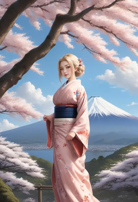 mount fuji in the background, spring blossom, outdoors, (masterpiece:1.4),best quality, 1girl, (huge breasts:1.3), curvy, hyperdetailed, adult, mature, woman, heart hair ornament, blush, thick lips,full body, ,kimono, japanese clothes,bra, long blonde hair...