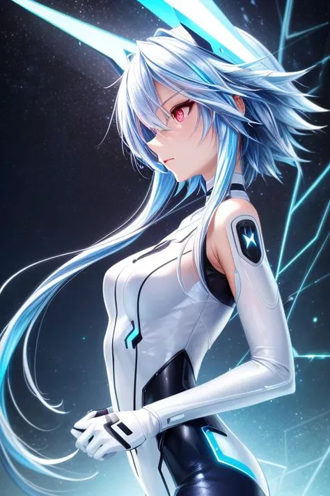 (masterpiece, best quality, highres, absurdres, ultra-detailed:1.3), 1girl, (tron, cyberspace, techno, cyberpunk, pink and cyan neon light rays, iridescent, holographic, hdr: 1.6), (white heart, blue hair, red eyes, short hair with long locks, bare shoulde...