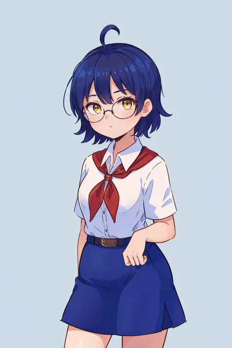 (18 years old), zgenka, 1girl, solo, looking at viewer, short hair, yellow eyes, blue hair, (ahoge:1.2), glasses, (white shirt), (collared shirt), (short sleeves), (red neckerchief), (brown belt), (blue skirt), <lora:zgenka:0.6>