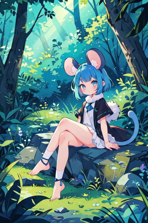 A monster girl,1girl, electric blue hair, mouse ears,mouse tail, sitting, forest, legs crossed, looks at viewer with, curious expression, mouse ears, soft fur, mouse tail, forest environment,mysterious enchanting atmosphere