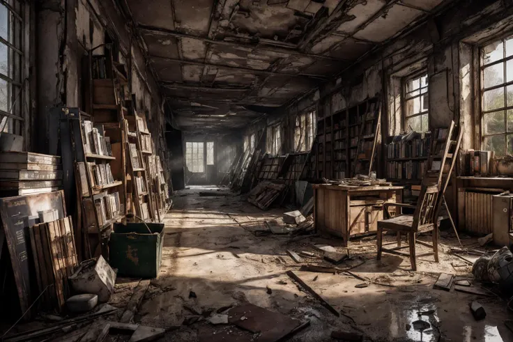 8k, realistic, vray, HDR,  6000K, no human, in the bookstore <lora:PostApocalyptic5-000007:0.6> SZ_4po enviroment