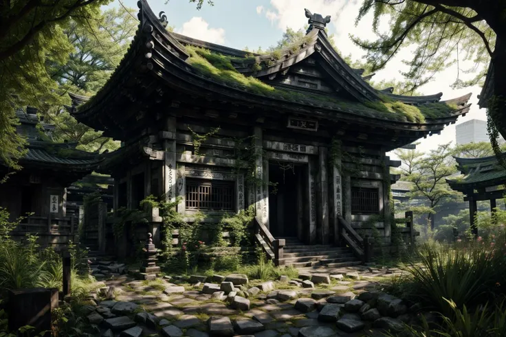 8k, realistic, vray, HDR,  6000K, no human,  tokyo, temple, overgrown, sunny <lora:PostApocalyptic_v3-000007:0.6> SZ_4po enviroment