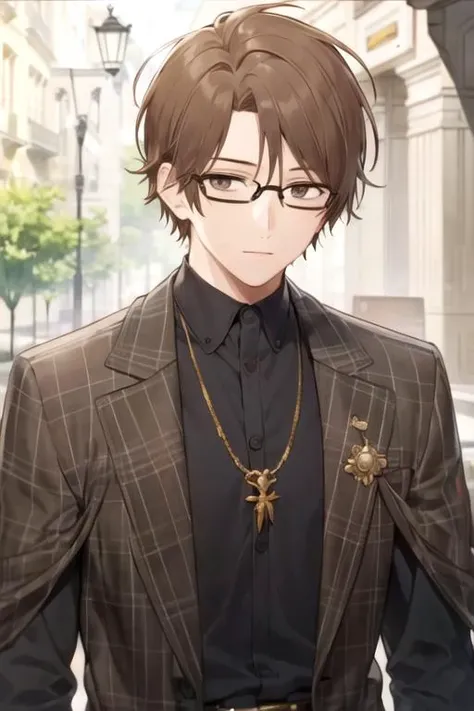 masterpiece, best quality, illustration, 1boy, solo, male focus, looking at viewer, upper body, , <lora:takayuki_mima:0.70>, takayuki_mima, brown hair, brown eyes, glasses, french costume, grimdark,