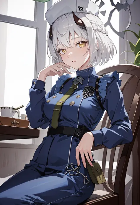 (safe:1.10), best quality, masterpiece, highres, solo, (sena_bluearchive:1.10), sitting, sitting on chair, chair, cowboy shot, looking at viewer, 21 <lora:sena_bluearchive:0.80>