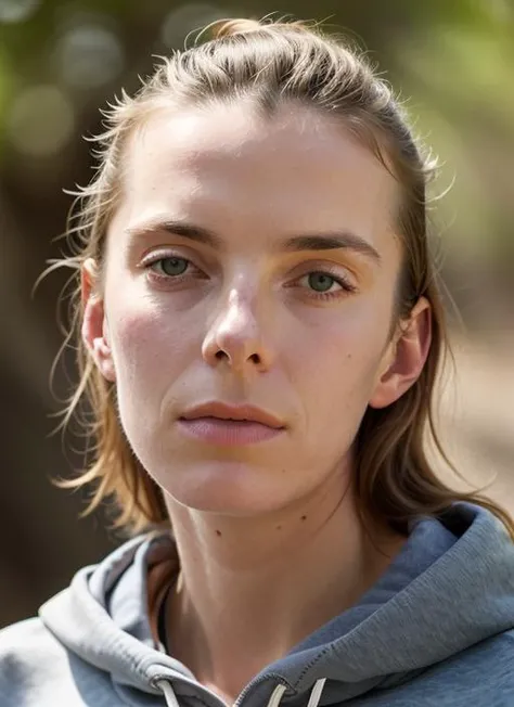 A stunning intricate color close up portrait of (sks woman:1) , wearing Sweatshirt and joggers, epic character composition, sharp focus, natural lighting, subsurface scattering, f2, 35mm, film grain, , by Imogen Cunningham, <lora:lora-small-betty-gilpin-v1...