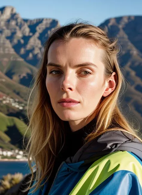 portrait of sks woman in Cape Town, at Table Mountain, by Flora Borsi, style by Flora Borsi, bold, bright colours, ((Flora Borsi)), by Imogen Cunningham, <lora:lora-small-betty-gilpin-v1:1>