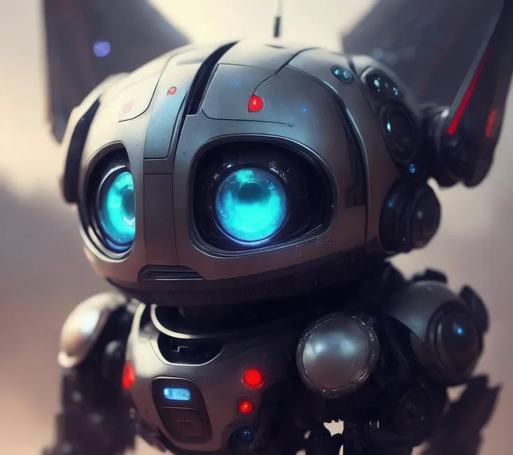 closeup angle of an incredibly cute robot-like creature with big dramatic eyes, a detailed painting, cgsociety, detailed paintin...